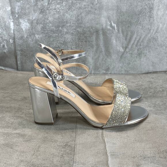 Nina Shoes - NINA Women's Silver Metallic Haven Block-Heel Ankle-Strap Evening Sandals SZ 7.5